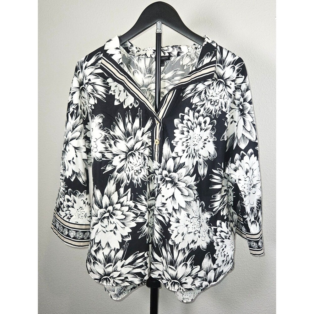 Talbots Womens Large Floral Print Shirt‎ Black White Cottagecore Boho Top
